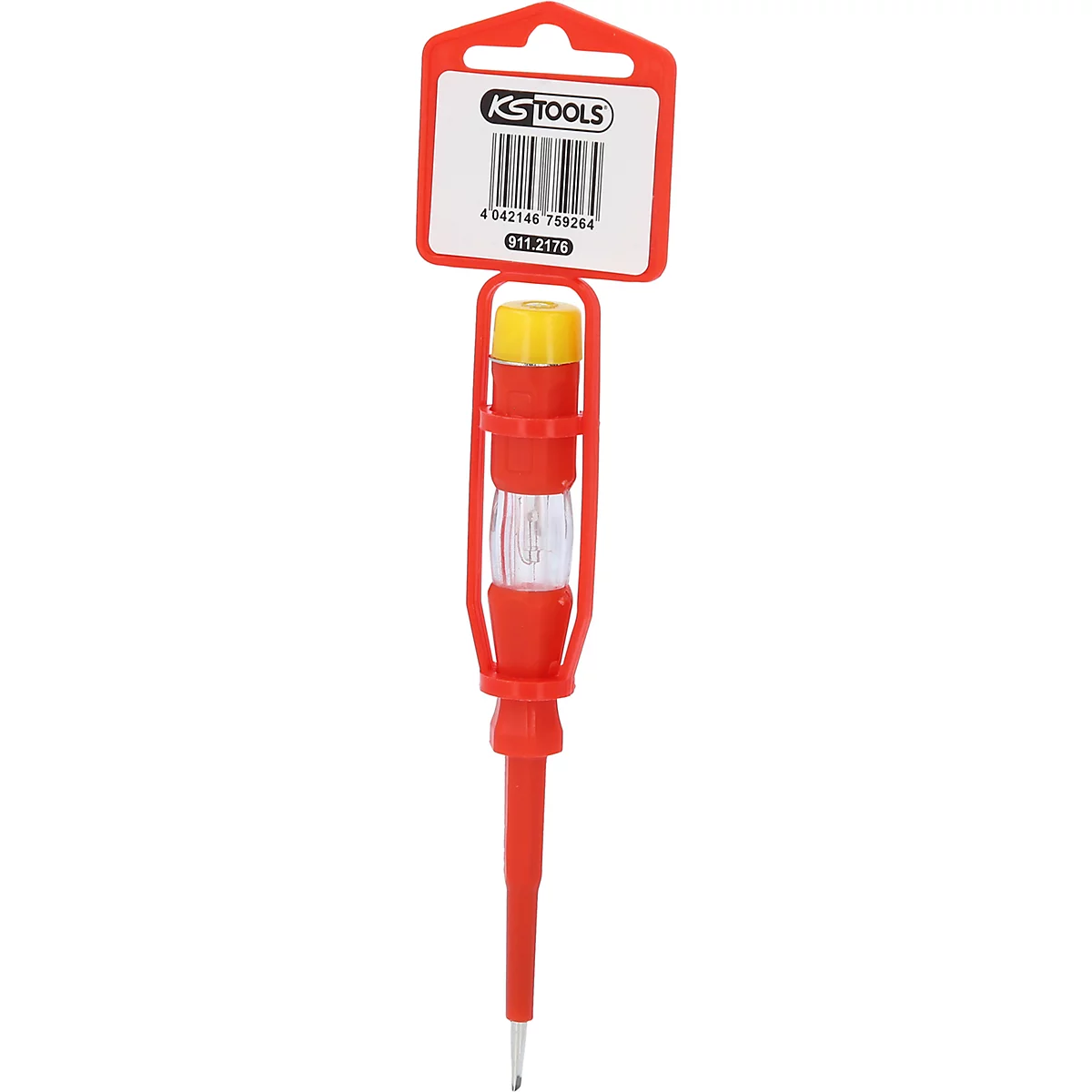 Ein roter Spannungsprüfer, mit gelbem Kopf und transparentem Gehäuse. Über dem Griff befindet sich ein rotes Plastikteil mit einem Etikett.